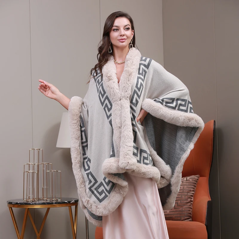 Custom  Pullover Ladies Fur Collar Woolen Thick Short Cape Coat Shawl Pattern Crochet Cape Winter Women Faux Fur Trim Shawl