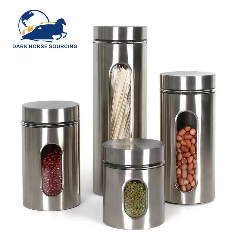 Newest Kitchen supplies sealed visual glass stainless steel food storage jar grains food container jar