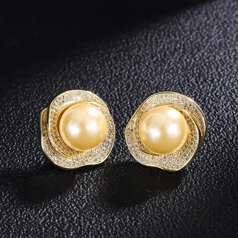 High Quality Africa Bridal Jewelry Set Fashion 18k Gold Plated Full Zircon Flower Shape Pearl Earrings Ring Necklace Set Girl
