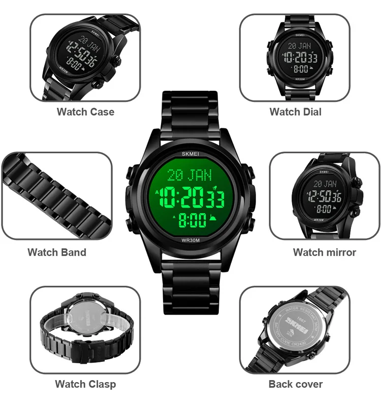 SKMEI 1667 Qibla Time LED Golden Stainless Steel Digital Watch Luxury Muslim Prayer Wristwatch For Men