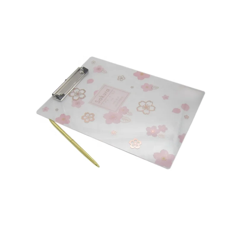 A4 size 2mm thickness sakura flower printing quality Japanese acrylic clipboard writing board with metal clip