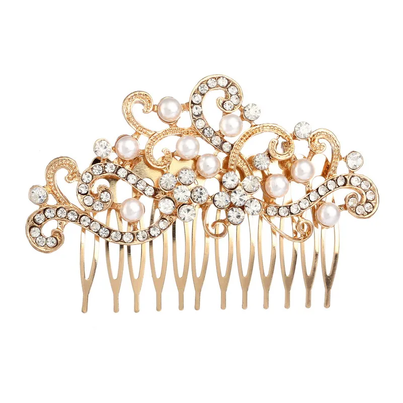 FS001 High Quality Luxury Bridal Wedding Rhinestone Pearls Crystal Beads Gold Alloy Hair Comb For Women