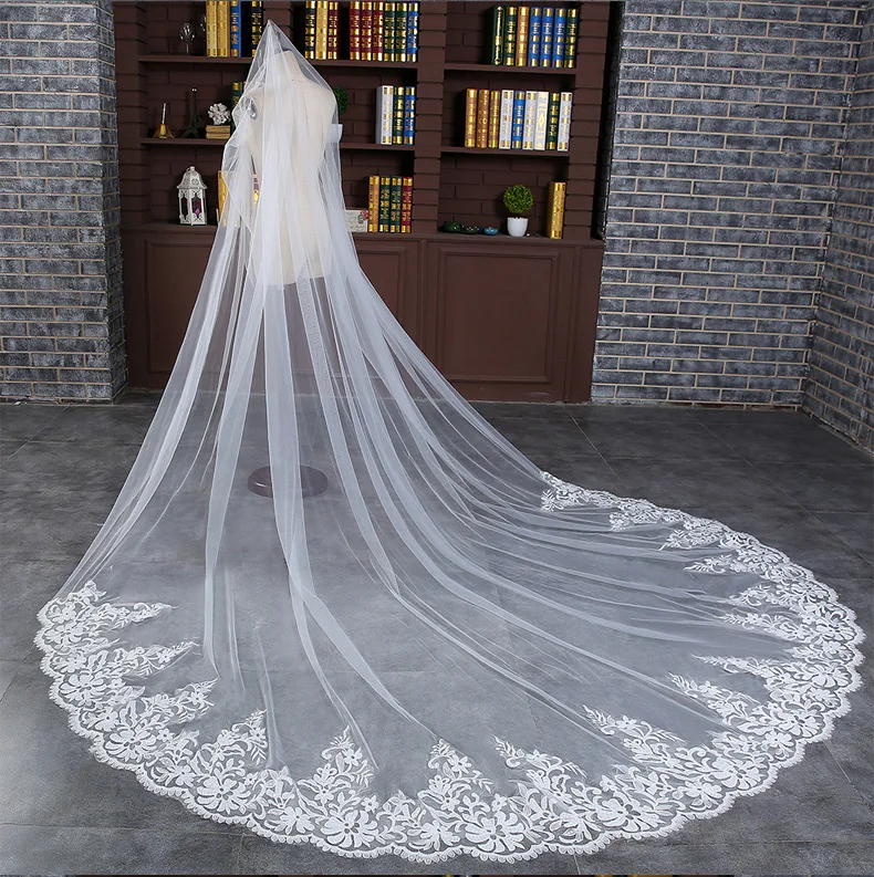  Wholesale 3 4 5 Meters cheap price two-tier embroidery edge white bridal veils lace wedding veil for