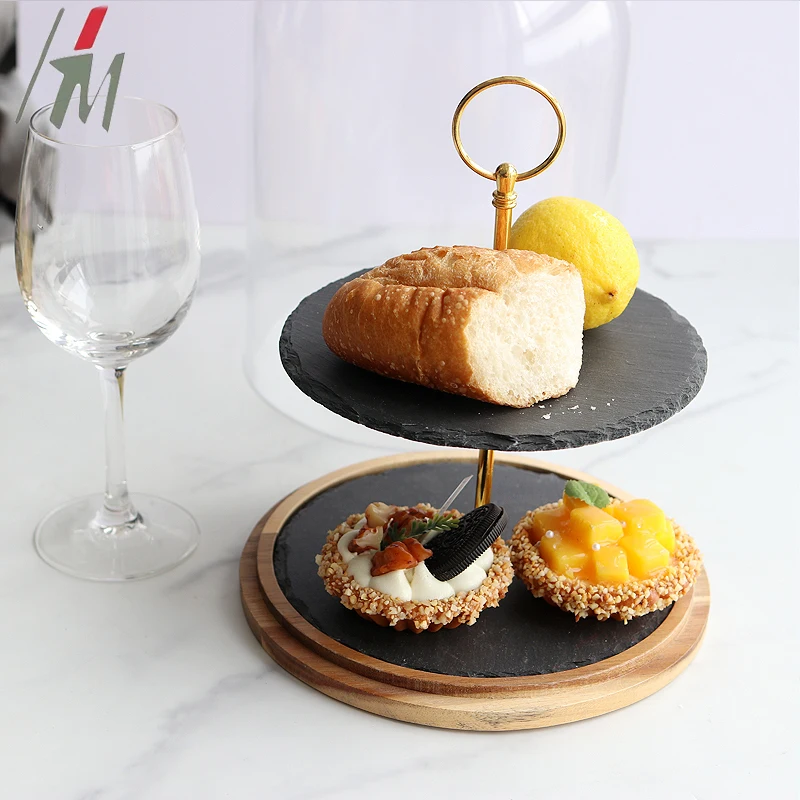 Slate 2-Tiered Round Dessert Cupcake Stand Macaron Fruit Displaying Stand Serving Tray with glass dome
