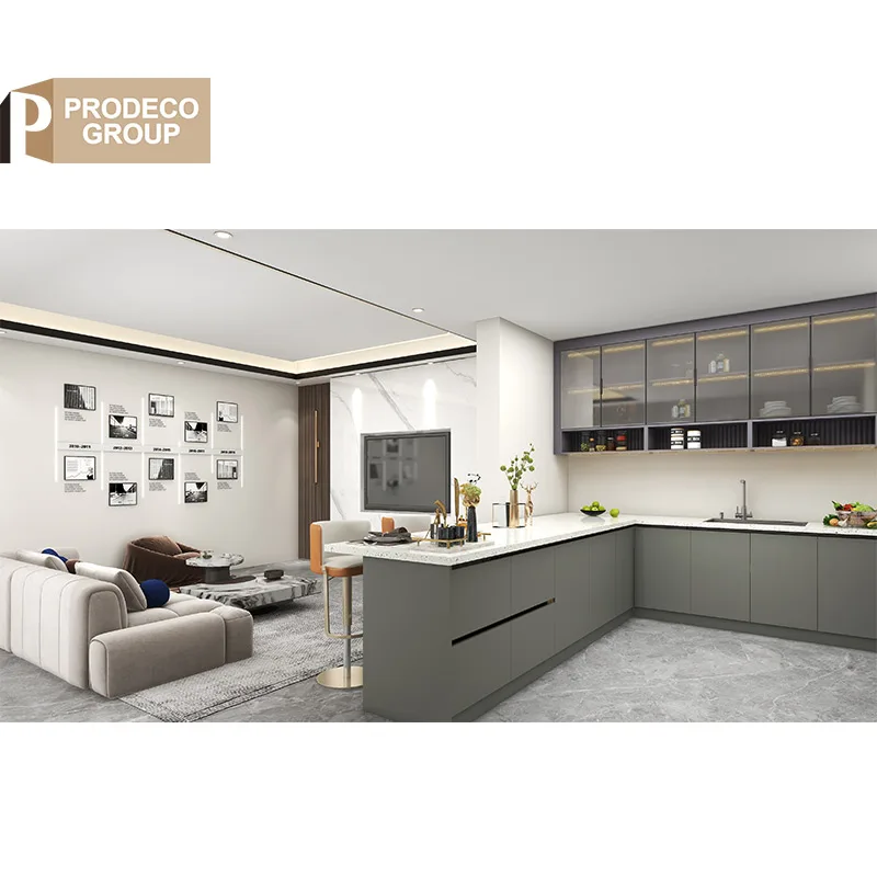 Prodeco Customised Furniture Kitchen Sink and Base Sliding Cabinets Glass Set with Laminate Sheet for Kitchen Cabinet