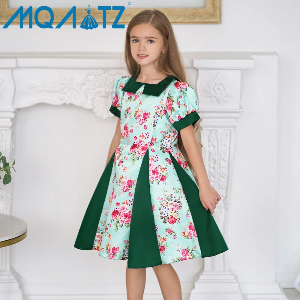 MQATZ latest design short sleeve green 5-8 year flower printed dress collar elegant frocks with free bag L5510