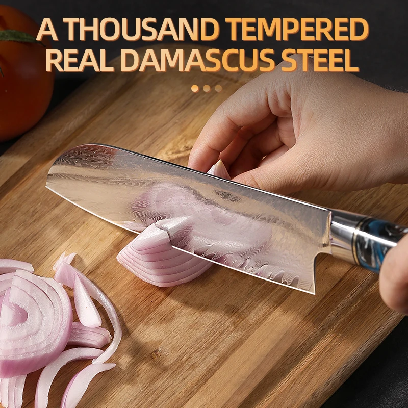 Wholesale hot sale custom made damascus steel Nakiri knife cutting meat slicing restaurant kitchen knife japanese santoku knife