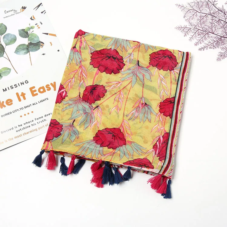 New colorful print floral long shawl tassel scarves women vintage viscose cotton scarf