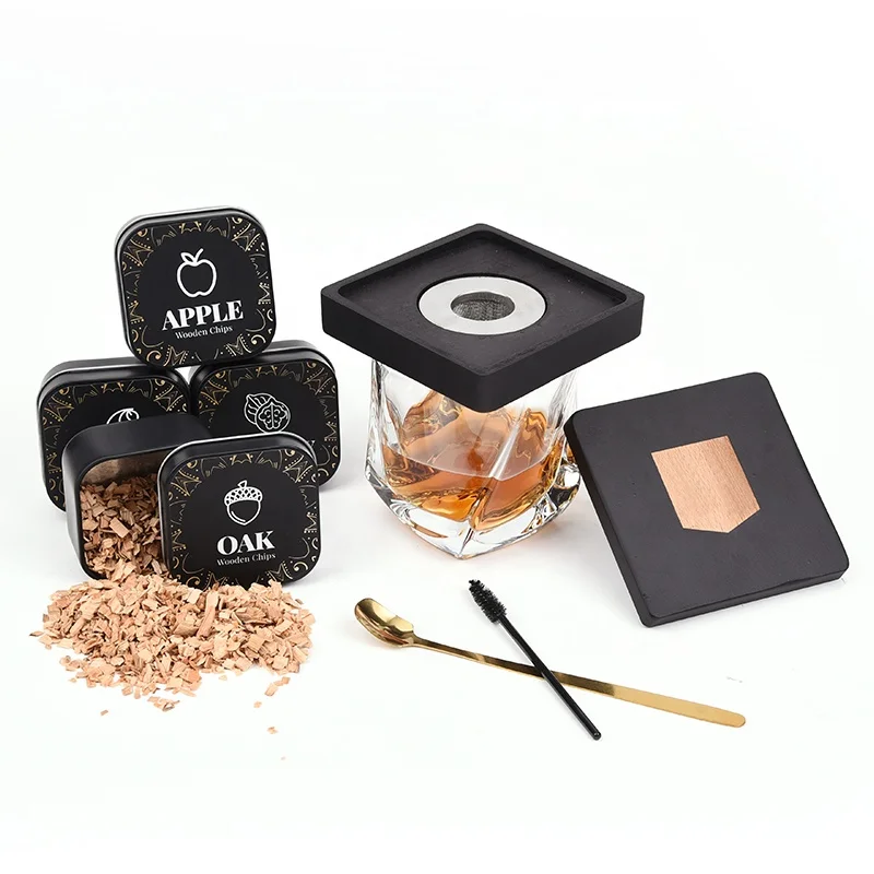 Black Old Fashioned Cocktail Smoker Kit withpure natural 4 Flavor Wood Chips for Whiskey Bourbon & Drink Bar Tools