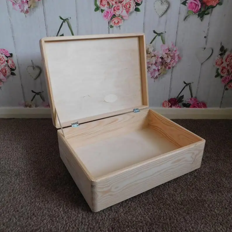 JUNJIl Large Wooden Board Storage Box with Handles Plain Toy Keepsake Wood Lid Included