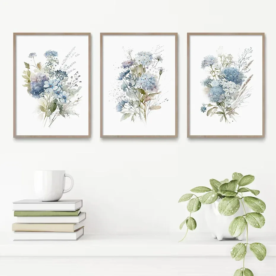 Modern style Home Decoration Watercolor Blue Mix Flowers Leaves Botanical Posters Picture Canvas Print Painting Art with Frame
