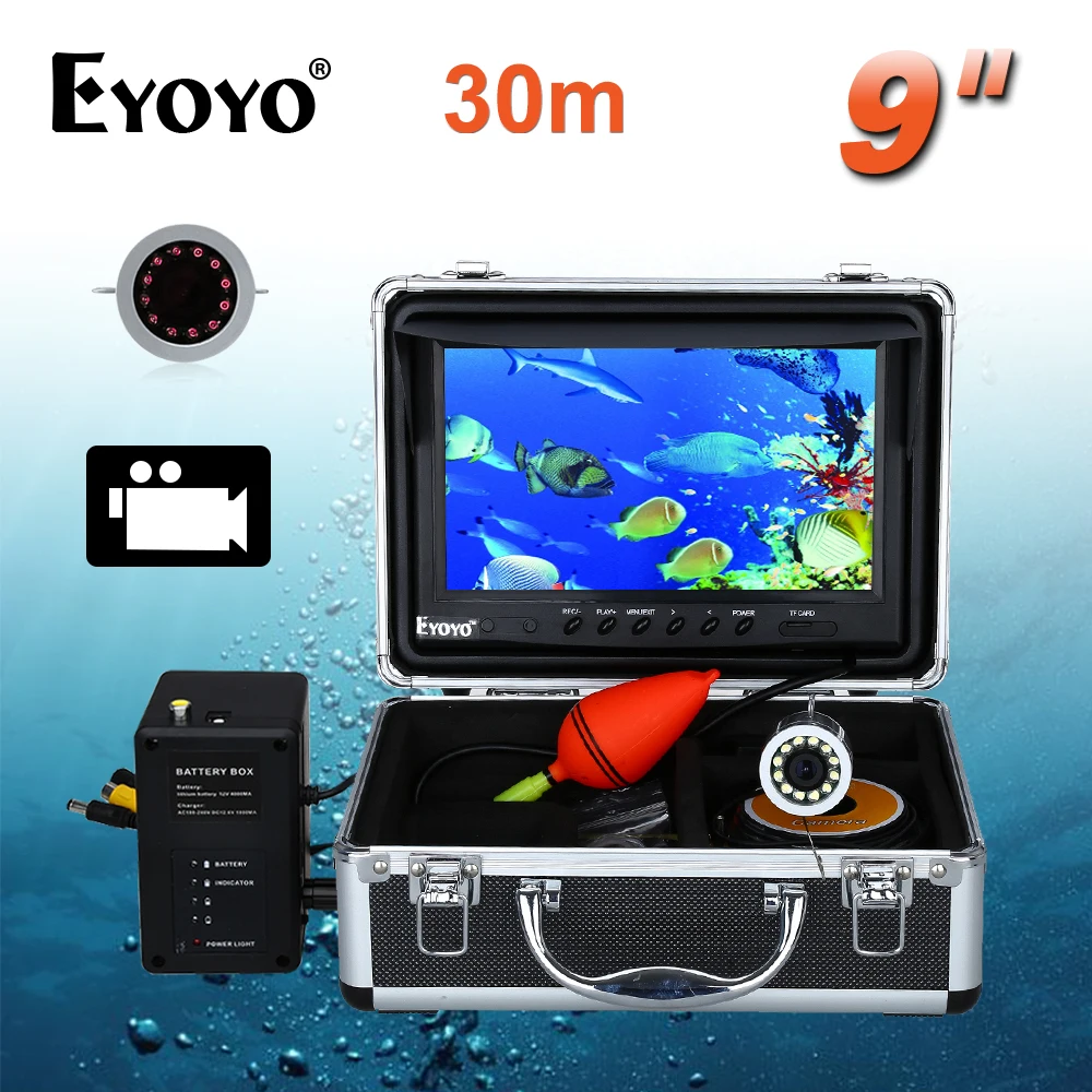 Eyoyo 9 inch Monitor 30M Infrared Camera Fishing Sonar Fish Finder 8GB DVR 1000TVL Underwater Camera Fish Finders with Battery