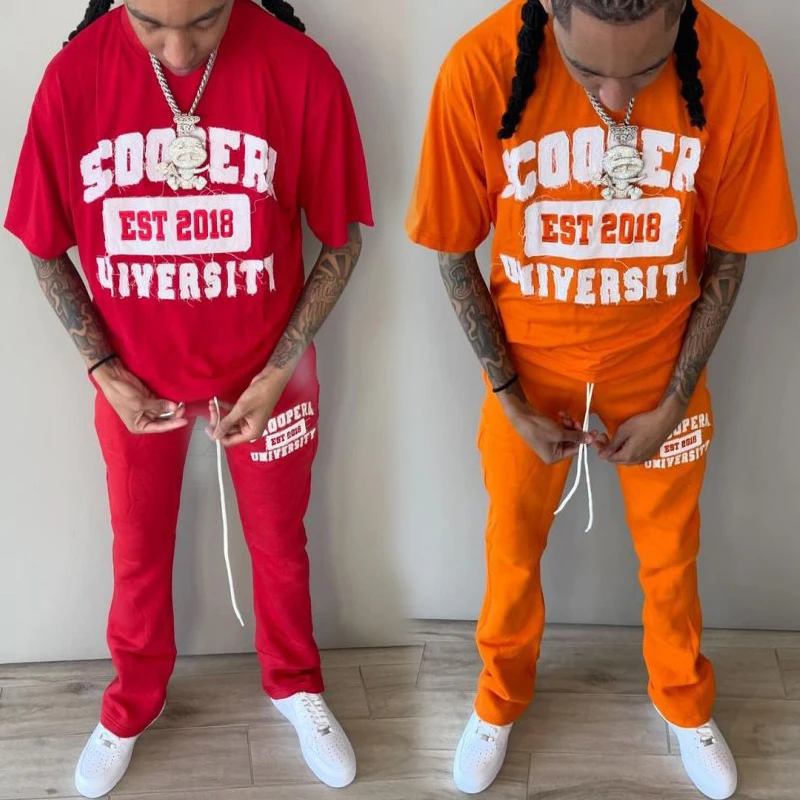 Scoopera University Sets T-Shirt And Stacked Sweat Pants Flared Sweatpants Custom Set Tracksuit  For Men