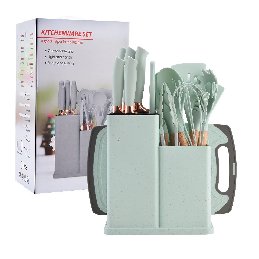 Silicone Cooking Utensils Set 19pcs Kitchenware Set includes 9 Pcs Utensils 5 Ppcs Knives Scissors Whisk Tongs and Cutting Board