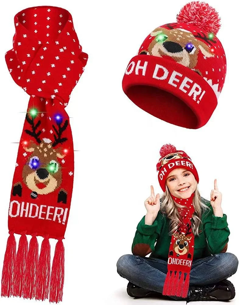 2Pcs Christmas LED Light up Hats LED Scarf Set Christmas Beanie Knit for Kids Adults Xmas Birthday Party