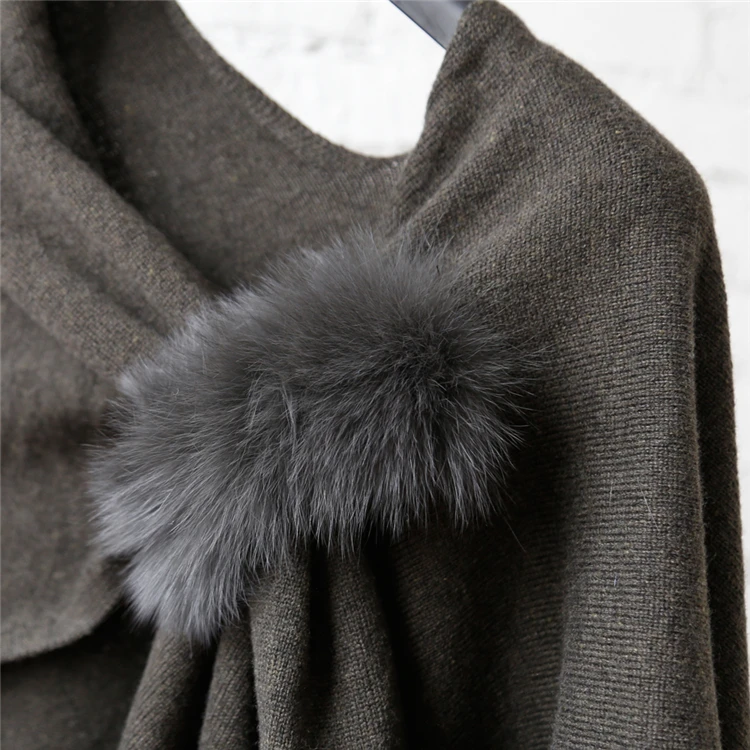 
Best design ladies luxury fur shawl with fox fur trim women wool cape 