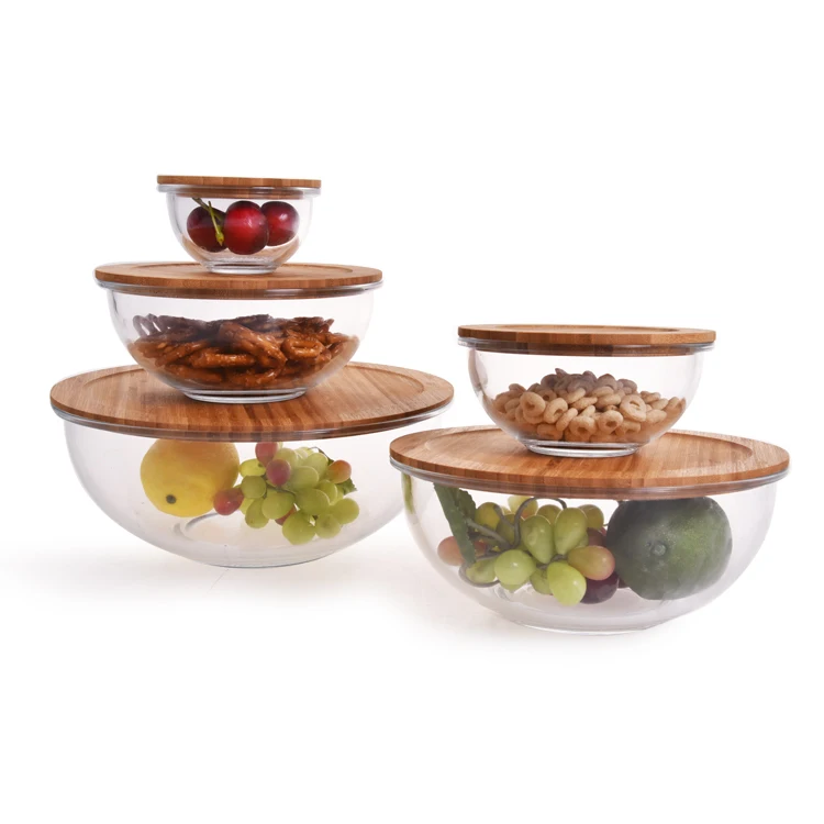 Eco friendly 5 pcs clear glass fruit bowls mixing bowl set with wood lid