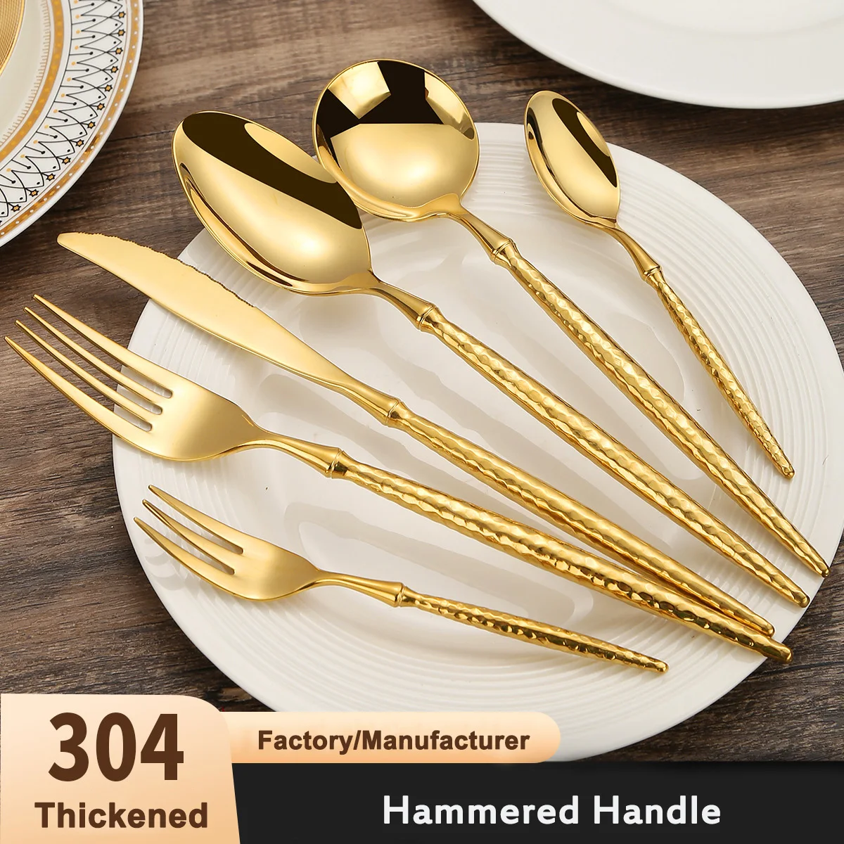Hot selling New 304 stainless steel ballet hammer pattern round handle knife, fork and spoon luxury wedding western cutlery set