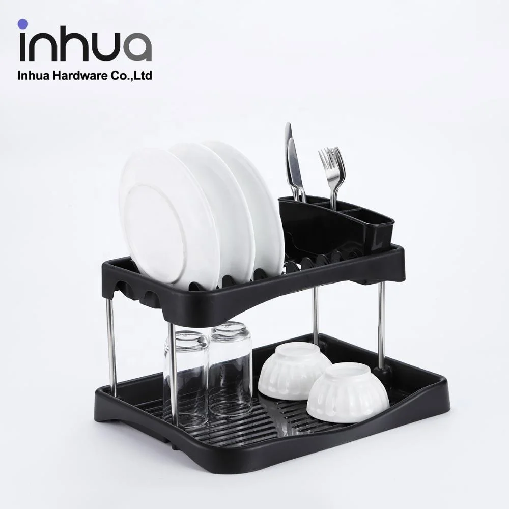 
Excellent quality low price 2 tier dish drying rack chrome plated storage rack kitchen utensil rack black plastic 
