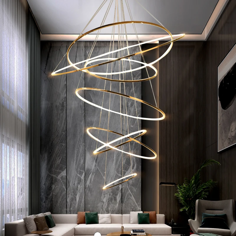 Simig lighting minimalist style golden circular circle metal art deco pendant lamp chandelier for hotel villa lobby