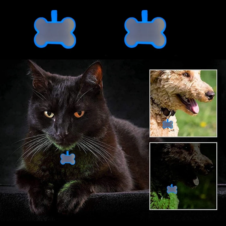 custom logo free sample glow in the dark fluorescent blue bone shape silicone pet tag for double-sided printed engraved