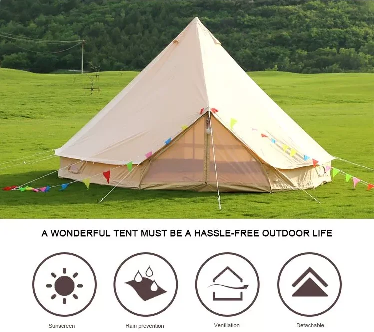 4 season 5m 6m camping glamping luxury canvas bell tent with wood stove