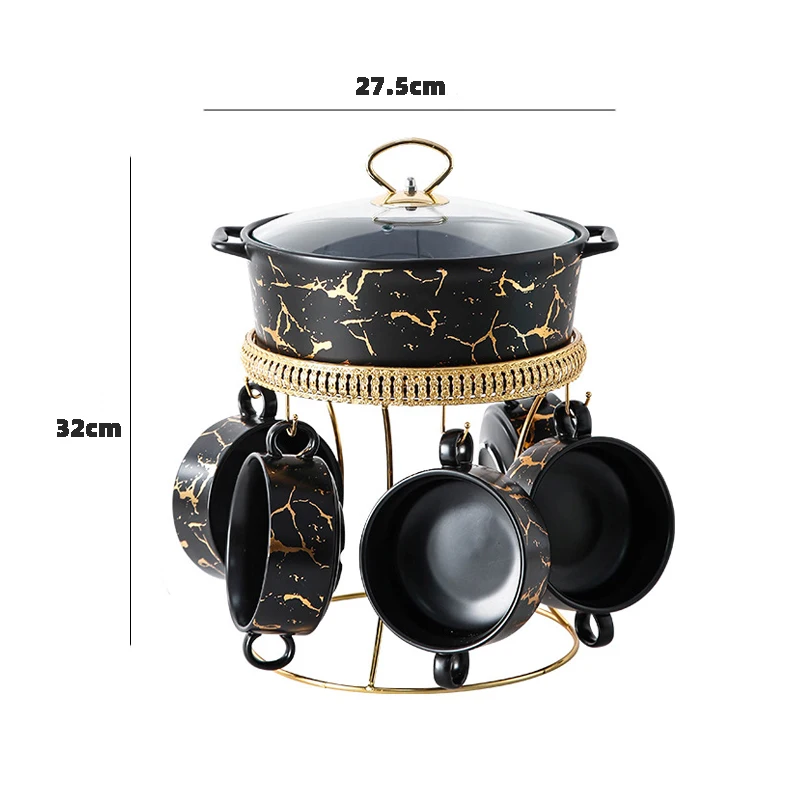 Черно-белые и мраморные золотые суповые горшки с небольшими мисками для обслуживания 6 набор посуды тушеной крышкой