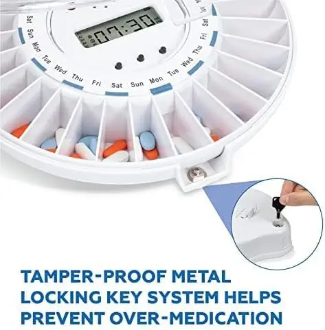 Premium Locking Automatic Pill Dispenser 28 Slot Electronic Medication Organizer (Clear and Solid White Lids)