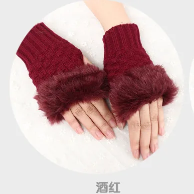 Winter Knitting Fingerless Women gloves Cute Faux Rabbit Fur Knitted  Soft Lady Mittens
