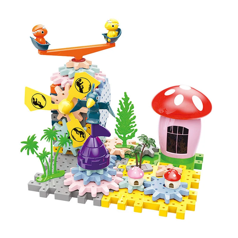 Creative cartoon dinosaur Windmill gear building block park 2 in 1 light music children DIY educational toys 2024