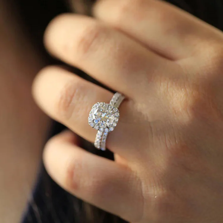 Silver Color CZ Rings 2pcs Set Simple Zircon Engagement Ring Jewelry Design Square Wedding Alloy Engagement Rings for Women N/A