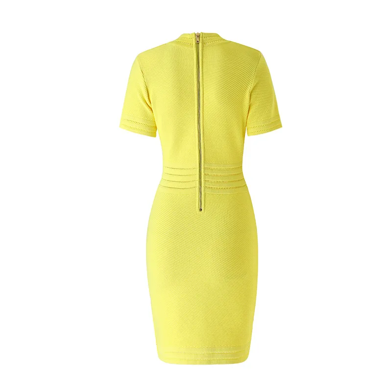 2024 New ready to ship or custom high quality top fashion v neck knitted yellow dresses women elegant