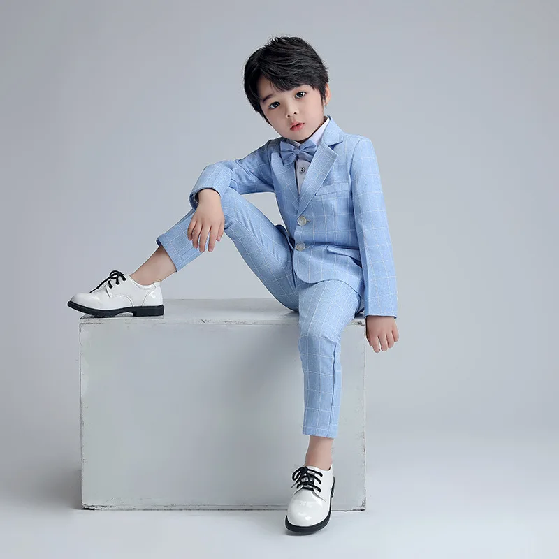 2024 Kids Boys Formal Suit Long Sleeve Grey Blue Plaid Tuxedo Set Gentleman Children Birthday Wedding Party Suits Boy Outfits