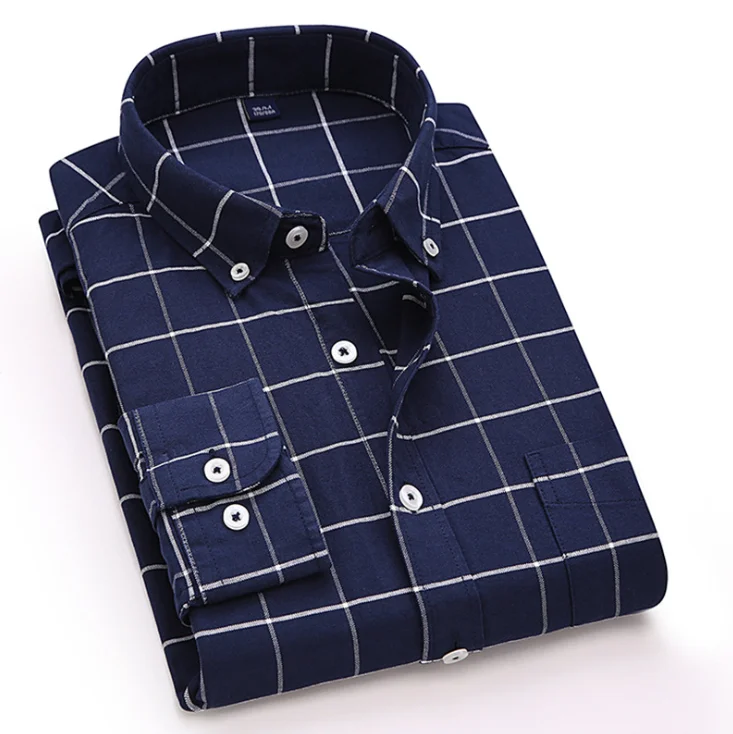 Mens Dress Shirt Soft 100% Cotton Smart Casual Slim-fit Plaid Shirt