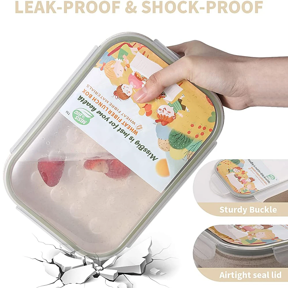 Leak-Proof Lunch Containers No BPA Microwave Dishwasher Safe Bento Box Plastic Lunch Box Wheat Fiber Thermal Lunch Box for Kids