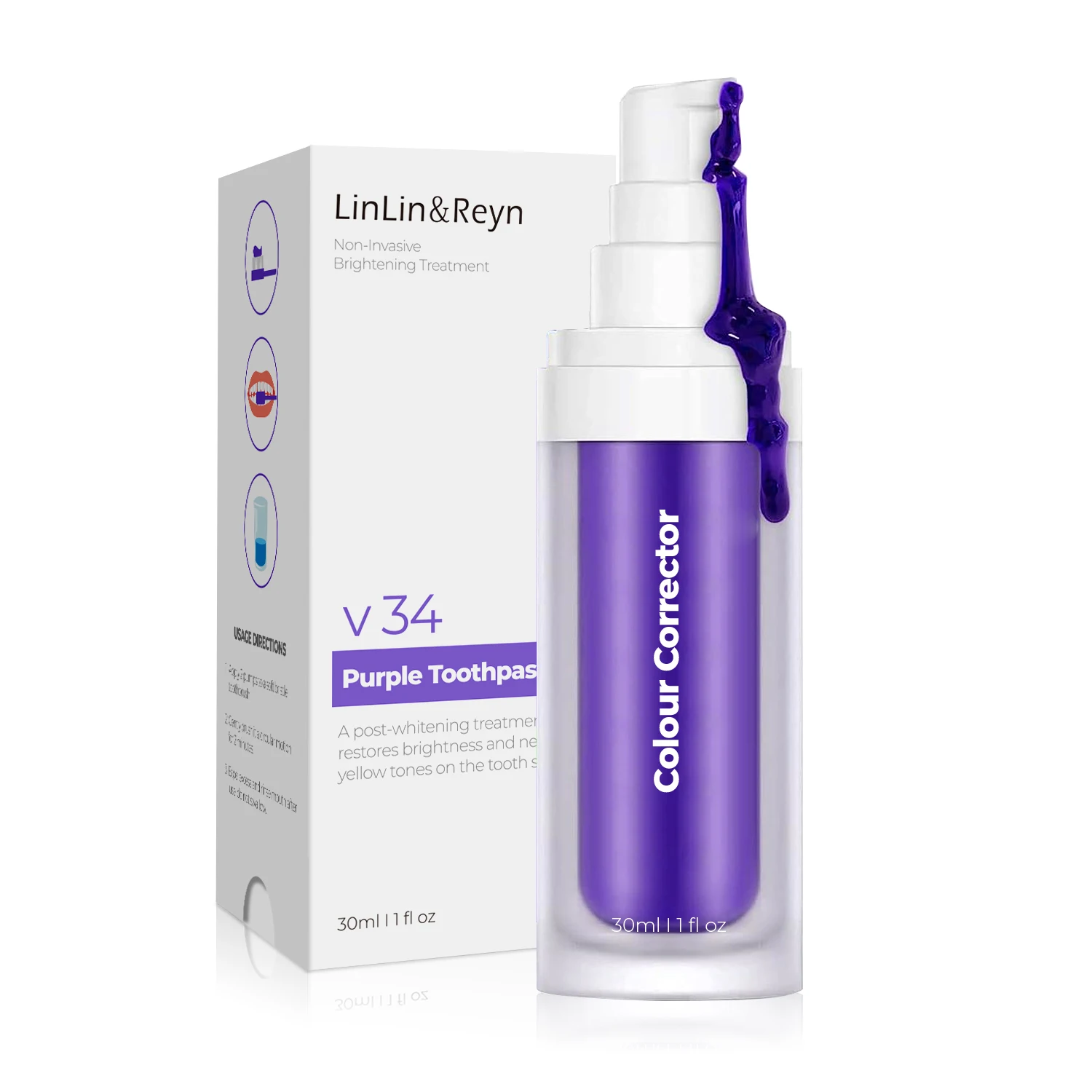 Private Label V34 желтое пятно Удалить зубы Отбеливание фиолетовый зубная паста