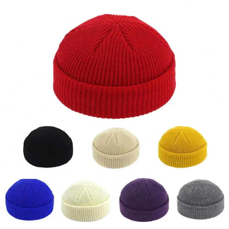 Unisex Winter Ribbed Knitted Cuffed Short Acrylic Melon Cap Casual Solid Color Skullcap Baggy Retro Ski Adult Beanie Hat