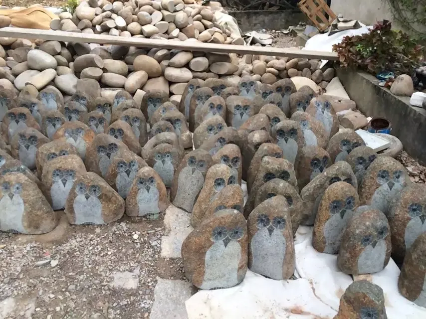 Small Stone River Rock Statue Owls Granite Sculpture