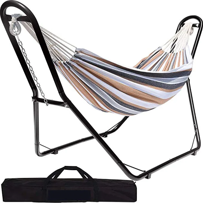 Hammock with Stand 2 person Upgraded Steel Hammock Frame and Quilted Curved Bamboo Spreader Bar Hammock