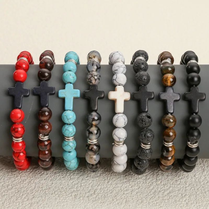 Minimalist Fashion Matte Black Bead Tiger Eye Bracelet Trendy Cross Turquoise Volcano Stone Bead Bracelet