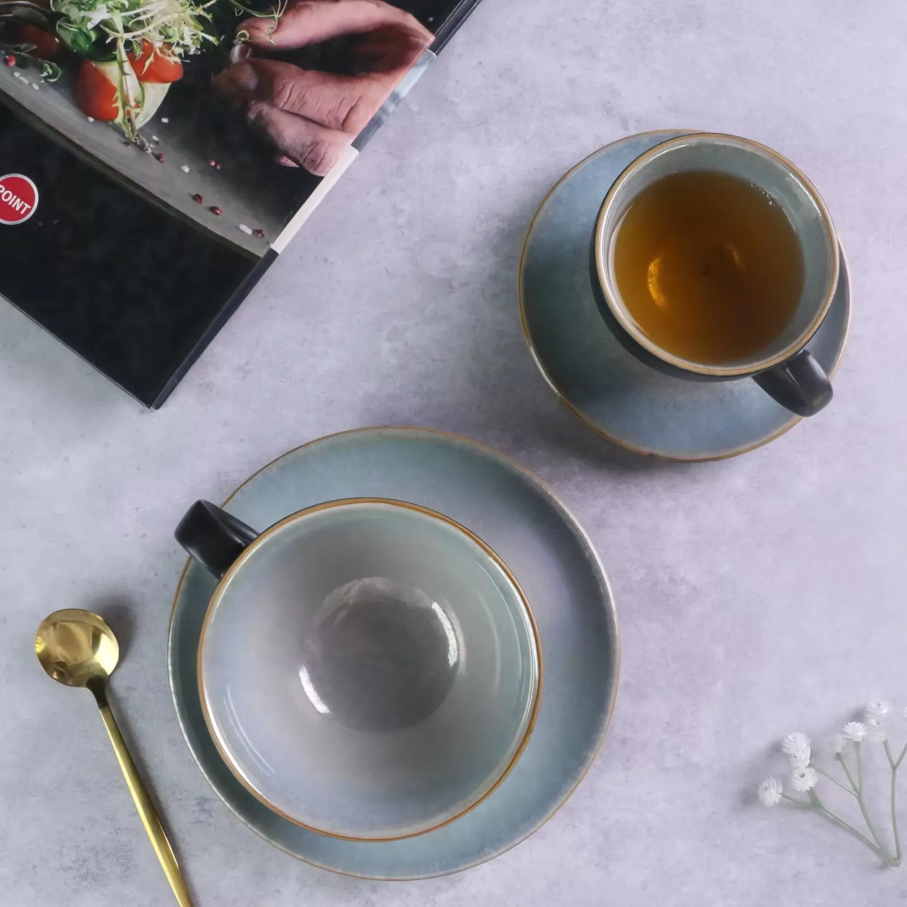 Nordic style unique matte black glossy glazed luxury ceramic tea cups saucers custom coffee cup for home hotel