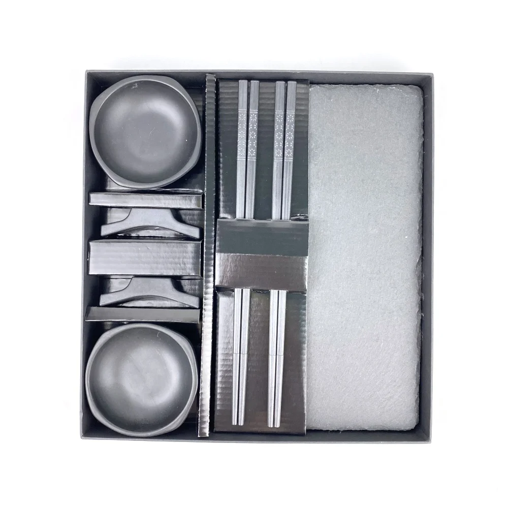 Japanese  Nature stone Black Slate  Plate melamine sauce  with fiberglass Chopsticks Dinnerware Set  for 2 person Gift set