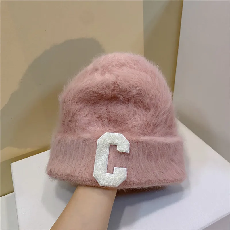 Плюшевая Шапка-бини, модная пушистая Длинная зимняя шапка из кроличьего меха, Женская плюшевая шапка с буквенным носком, вязаная теплая Шапка-бини