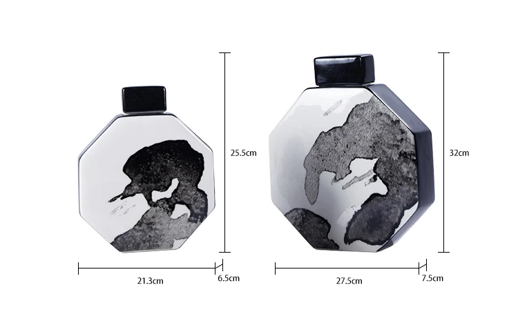 Chines Luxury Octagonal Flat Vase Chinese Ink Painting Decorative Ceramic Jar for Storage And Decoration