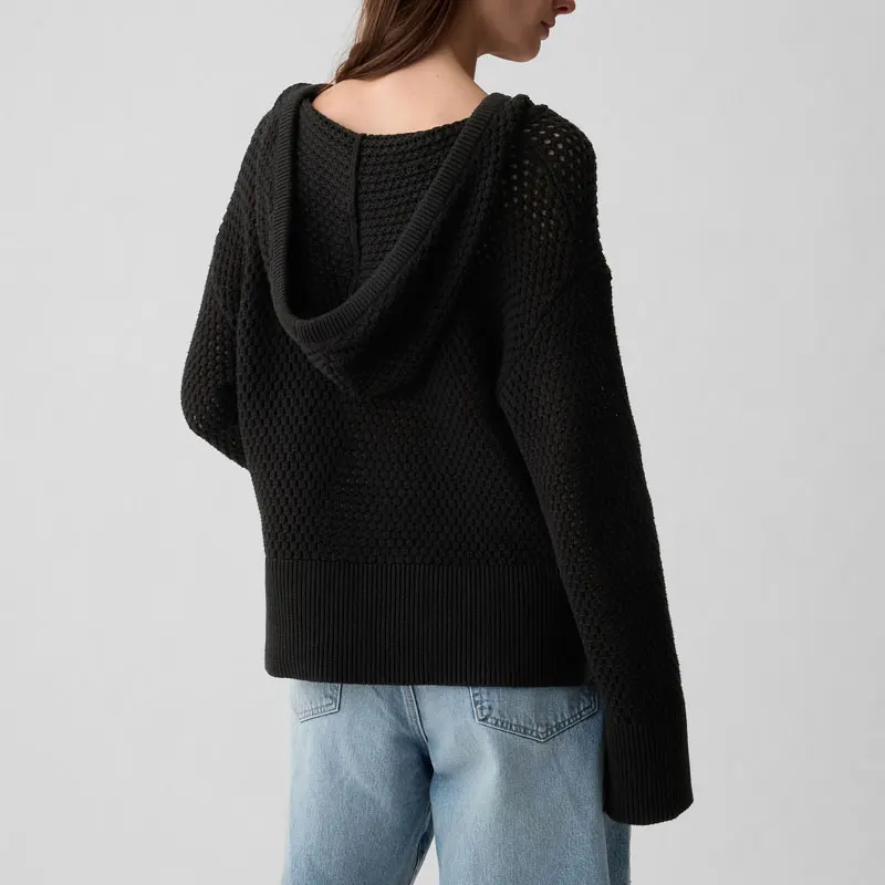 Wholesale Knitted pullover hoodie Sweater Sleeve Waffle Crew Neck Knitted Sweater For Women