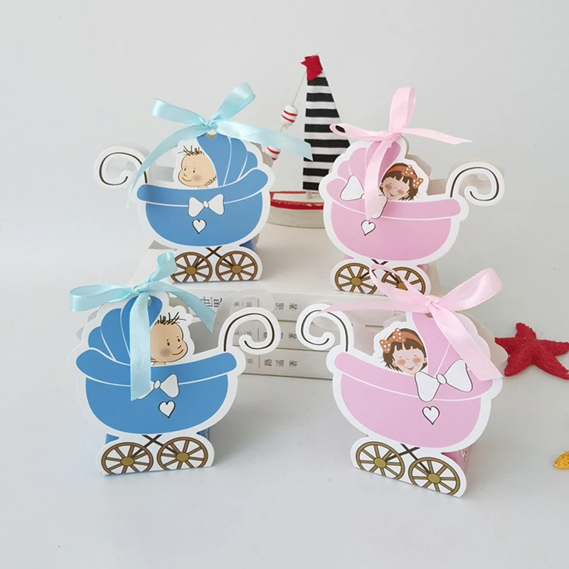Pink Girl Blue Boy Paper Baby Carriage Candy Box Kids Gift Box Favor Box Baby Shower Birthday Party Decoration Supplies