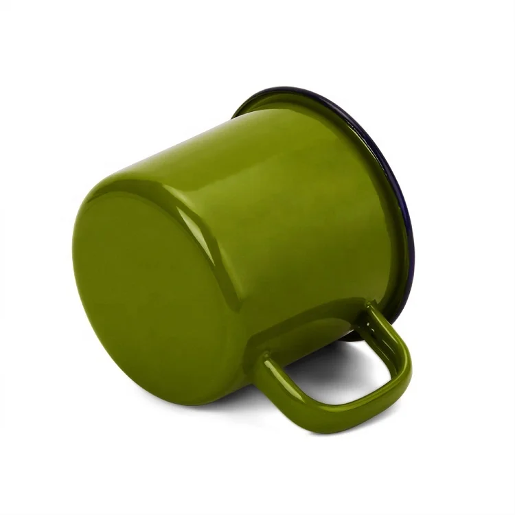 
DX Best Seller Custom Printed Coffee Cup Solid Green Color Enamel Mugs With Blue Rim 
