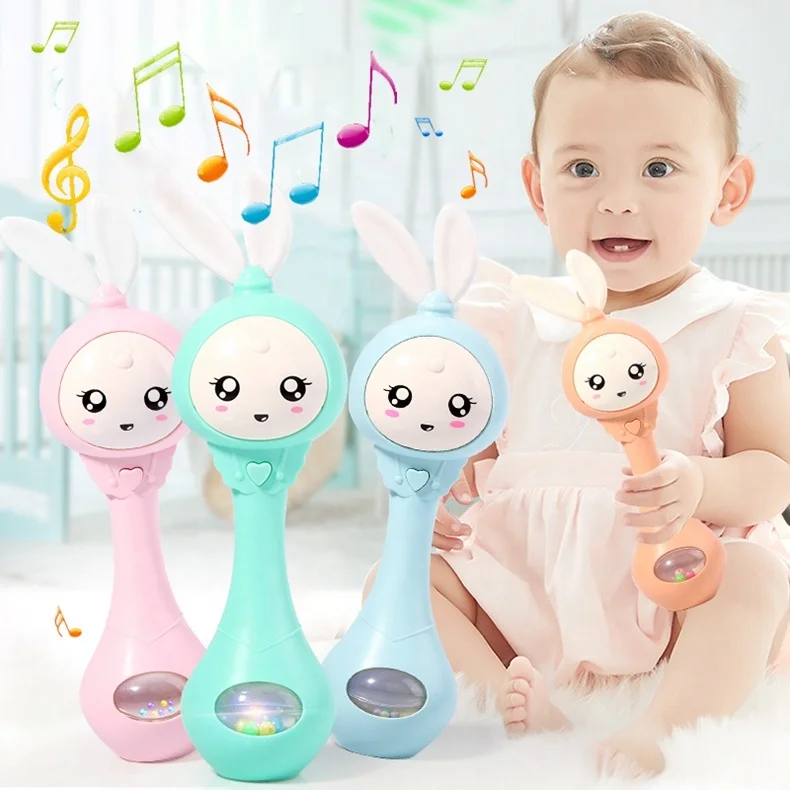 0-1 Years Old Baby Education Toys Infant Hand Bells Baby Music Flashing Rattle Toys Rabbit Teether
