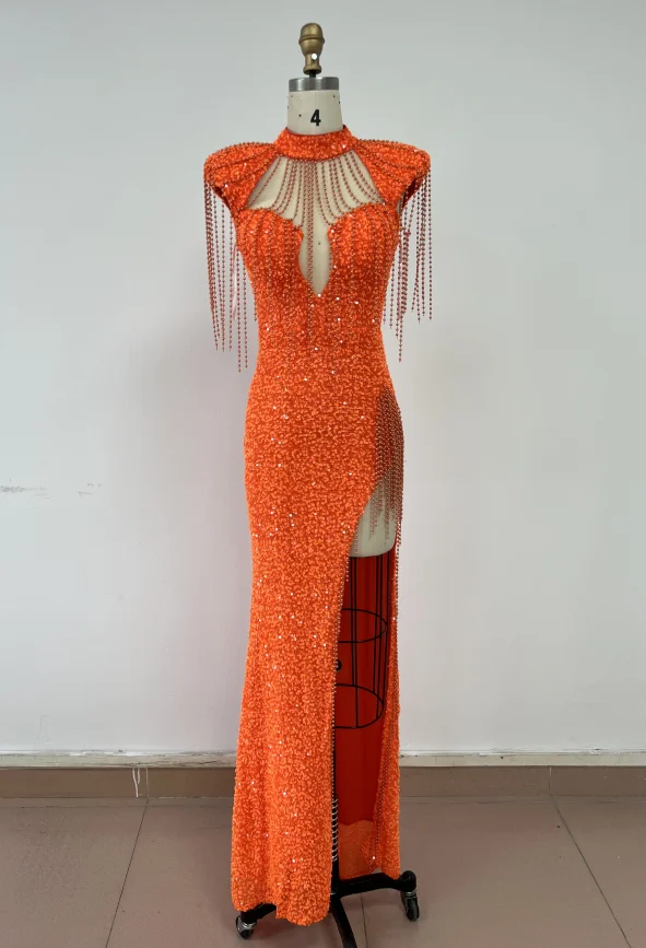 ED2570 Orange High Slit Sexy Maxi Dresses Luxury Dresses Women Elegant Ball Gown Sequin Pearl Evening Dress