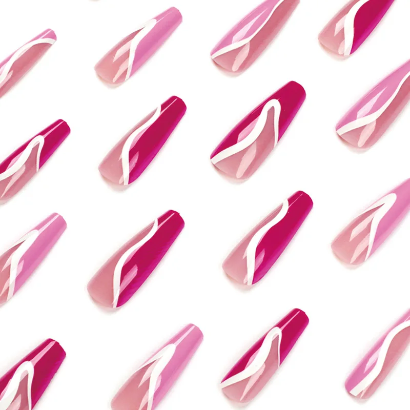 2022 New Arrival 24PCS/ Box Stylish Splicing Rose Red Fake Nails Full Cover Long Coffin False Nail Press On Nails